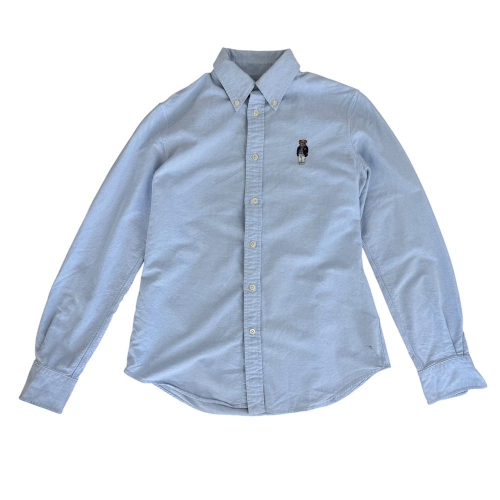 Ralph Lauren Polo Bear Oxford Shirt Slim Fit Embroidered Small Blue vtg 90s
